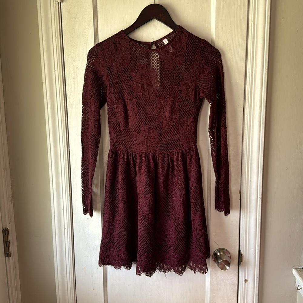 Burgundy dress.